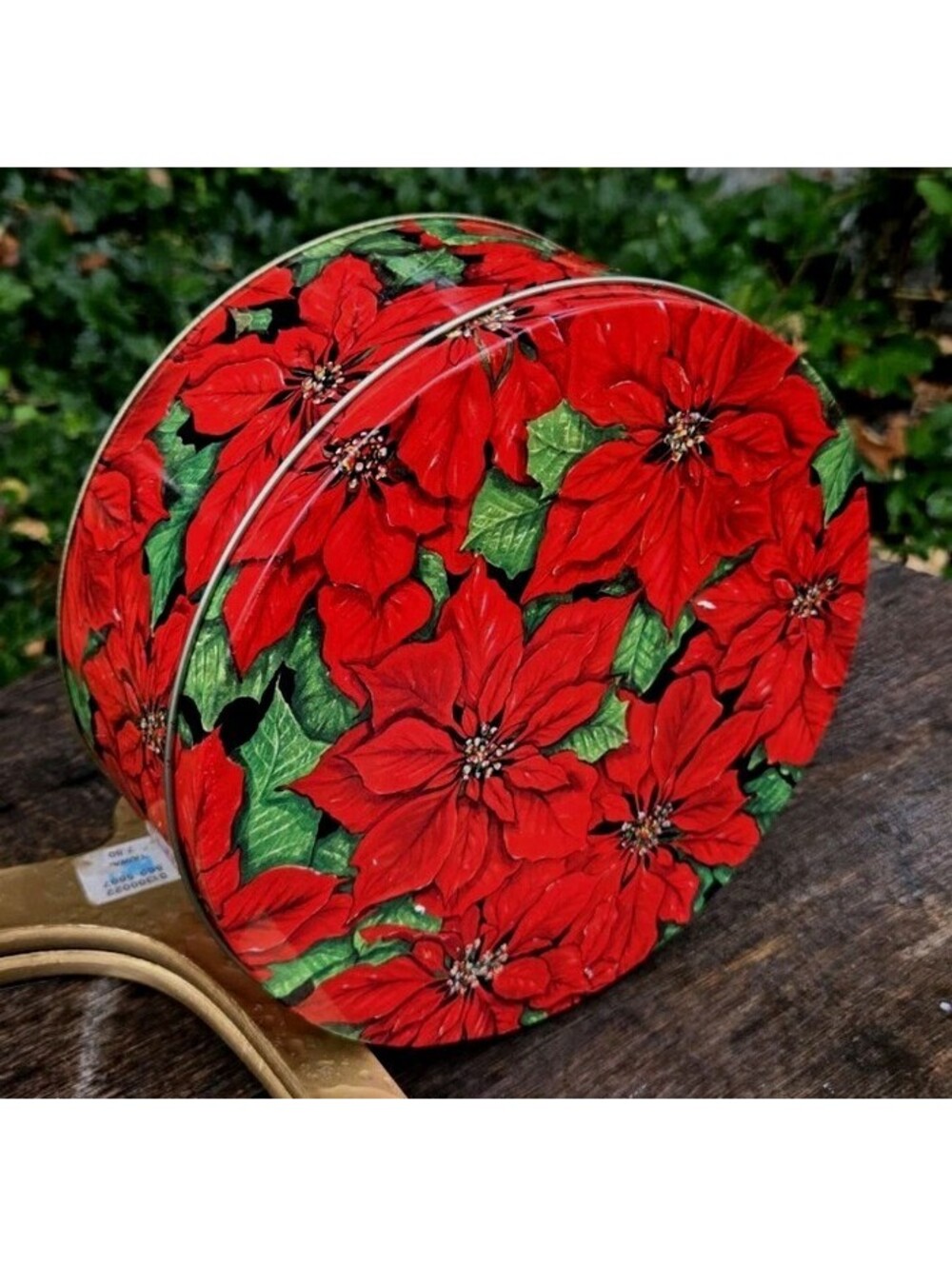 Vintage 9X4" Red Poinsettia Floral Covered Christmas Metal Tin Container Round